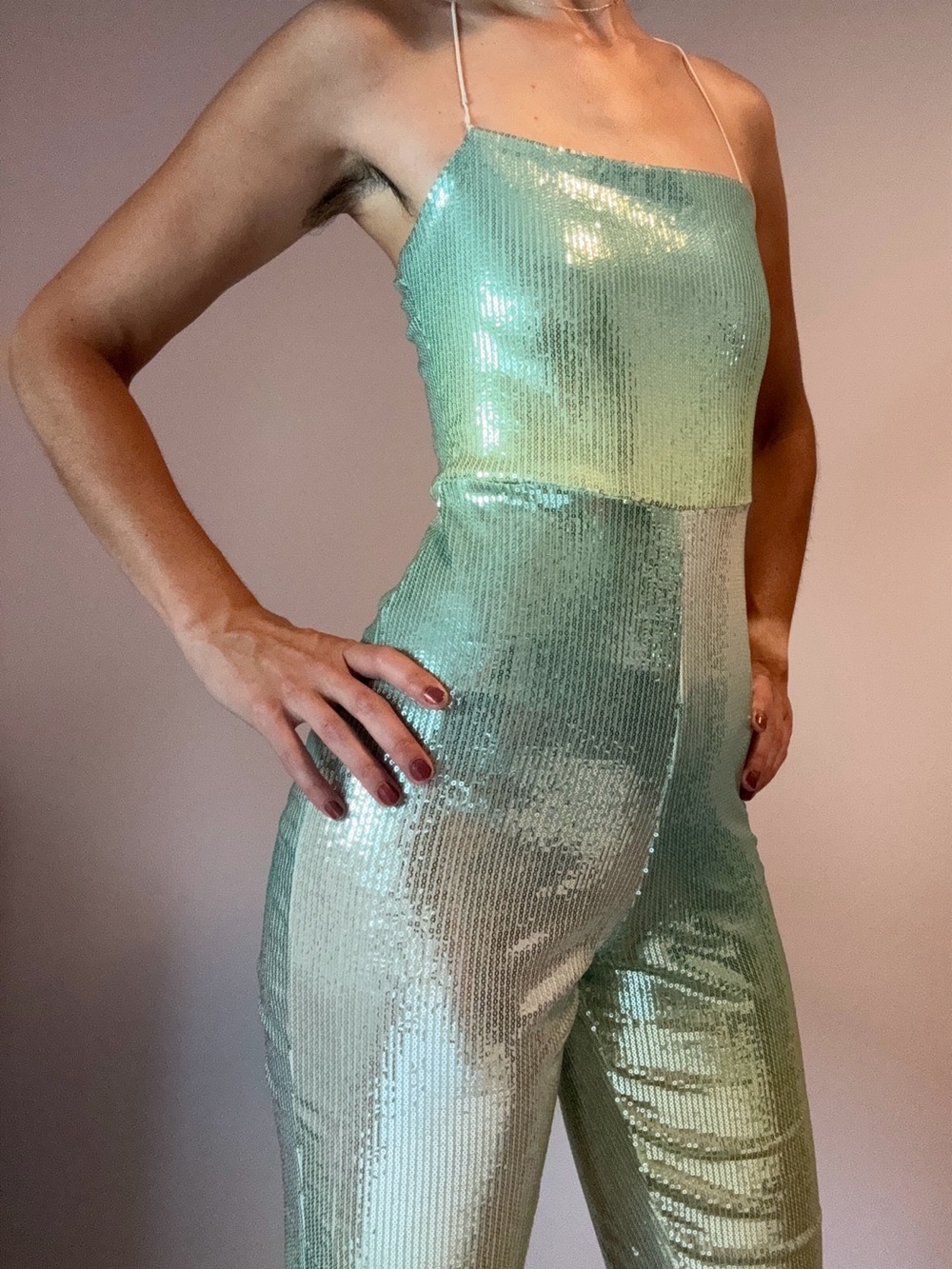 Nasty Gal Ombré Mint Green Sequin Spaghetti-Strap Halter Neck Jumpsuit